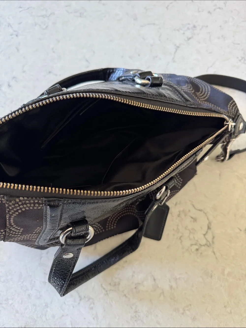COACH Ashley Op Dot Black Signature Canvas Shoulder Satchel with Leather Trim